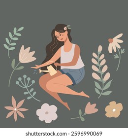 Beautiful young woman watering flowers. Nice girl among plants. Gorgeous loves nature. Vector summer illustration in a flat style.