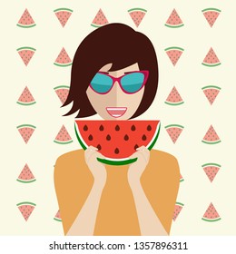 Beautiful young woman with watermelon. Summer holiday concept . Vector eps10 illustration