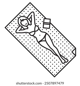 Beautiful young woman wearing bikini and lying on beach towel vector line icon for Bikini Day on July 5th.