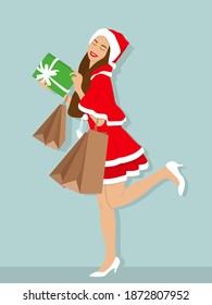Beautiful young woman wearing Christmas clothes and hat smiling and holding yellow gift box and paper shopping bags with presents for holidays