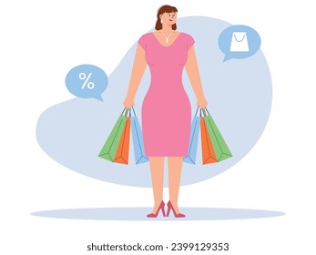 Hermosa joven mujer con elegante vestido rosa mientras lleva bolsas de compras, venta de verano. Diseño de caracteres. Ilustración plana del vector