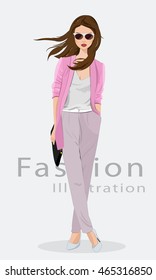 Beautiful young woman wearing fashion clothes, glasses and with bag. Fashion model. Vector illustration isolated.