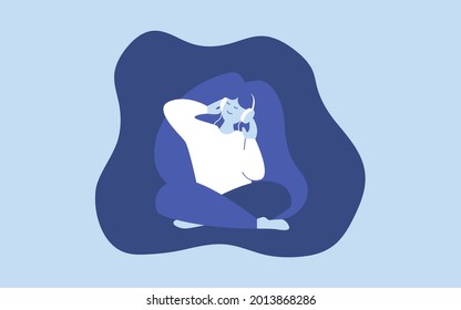 Beautiful young woman wearing headphones listen music and sitting in lotus position. Happy girl with long hair in a cross-legged sitting meditation pose with a smile on her face. vector illustration