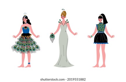 Beautiful Young Woman Wearing Peacock Feather Dress Vector Set