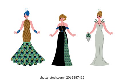 Beautiful Young Woman Wearing Peacock Feather Dress Vector Set