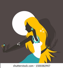 Beautiful young woman wearing sparkling jewelry and large diamond ring, vector illustration. Elegant girl with long golden hair, fashion jewels blue gems. Silhouette cutout retro jewellery design