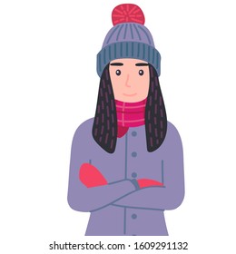 Beautiful young woman wearing winter clothes standing with arms crossed. Female character with her arms folded. Cute girl in confident pose Isolated seasonal vector illustration in cartoon flat style 