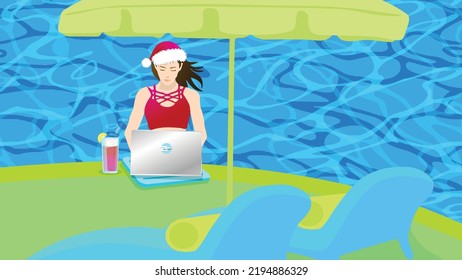 a beautiful young woman wears a red Xmas hat in a swimsuit uses a silver laptop best to a blue beach chair under a yellow parasol by the swimming pool, minimalist illustration vector