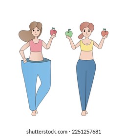 Beautiful young woman with weight loss success, low-calorie apple fruit diet, body shape change, the same pants loose,Vector illustration.