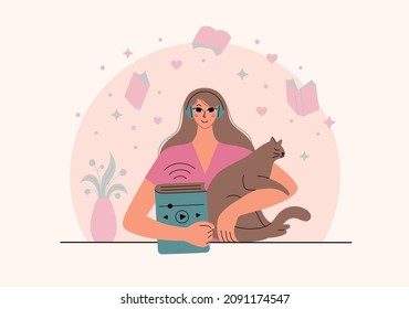 Beautiful young woman in a wireless headphones listening to an audiobook. Girl listen to a podcast. Concept of online learning of a language lesson. Flat vector illustration.