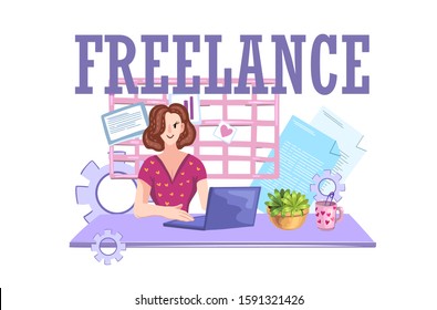 Beautiful young woman working at her laptop. Cozy and comfortable home office space with table with home plants, coffee cup and documents . Freelance concept in modern cartoon style isolated on white. 