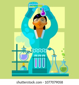 Beautiful young woman working in the laboratory. Student is studying chemistry. Asian scientist in protective glasses and gloves holding flasks is doing research. Cartoon flat vector illustration.