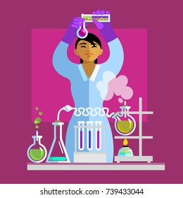 Beautiful young woman working in the laboratory. Student is studying chemistry. Asian scientist in protective glasses and gloves holding flasks is doing research. Cartoon flat vector illustration.