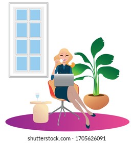 beautiful young woman working on her laptop from home, concept illustration. Freelancer with computer on her chair. vector image flat design.