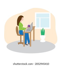 
Beautiful young woman working on laptop, home office, remote work, flat design style