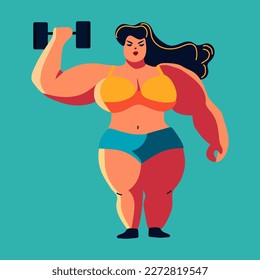 Beautiful young woman works with a barbell. Bright flat workout sport illustration