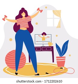 Beautiful young woman works out on exercise at home. Online training concept vector flat illustration