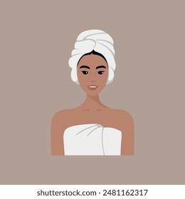 Beautiful young woman wrapped in a white towel, with a towel on her head. Basic shower routine. Beauty and cleansing procedures concept. Skin care and body care illustration