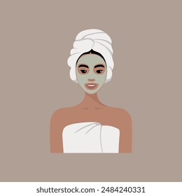 Beautiful young woman wrapped in a white towel, with a towel on her head. Basic shower routine. Beauty and cleansing procedures concept. Skin care and body care illustration. Girl with clay mask