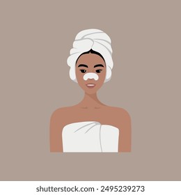 Beautiful young woman wrapped in a white towel, with a towel on her head. Basic shower routine. Beauty and cleansing procedures concept. Skin care and body care illustration. Girl with nose patch