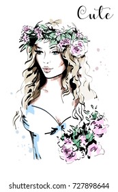 Beautiful young woman in wreath. Hand drawn woman portrait. Fashion lady. Sketch. Vector illustration.