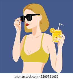 A beautiful young woman in a yellow swimsuit and sunglasses is holding a cocktail. Summer vector illustration of a girl on the beach. stylish summer look for a beach party with soft drinks. 