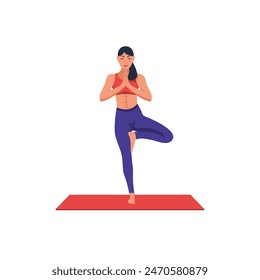 Beautiful young woman yoga instructor doing vrikshasana on a mat. Young girl does yoga. Meditation concept. Relaxation and rest. Healthy lifestyle. Vector illustration flat design.