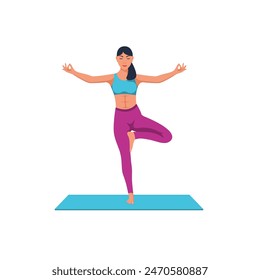 Beautiful young woman yoga instructor doing vrikshasana on a mat. Young girl does yoga. Meditation concept. Relaxation and rest. Healthy lifestyle. Vector illustration flat design.