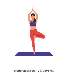 Beautiful young woman yoga instructor doing vrikshasana on a mat. Young girl does yoga. Meditation concept. Relaxation and rest. Healthy lifestyle. Vector illustration flat design.