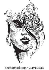Beautiful young woman's face. Fashion portrait. Vector drawing sketch. Glamour girl