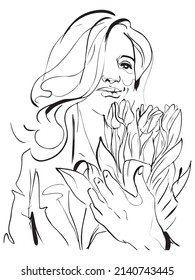 Beautiful young woman's face. Fashion portrait. Vector drawing sketch. Glamour girl with a bouquet of tulips