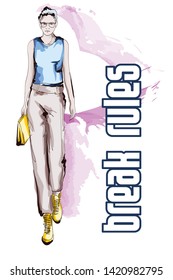 Beautiful young women  in a blue blouse and brown trousers. Hand drawn fashion girl. Fashion model posing. Sketch. Vector illustration.