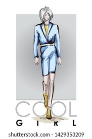 Beautiful young women in blue costume. Hand drawn fashion girl. Fashion model posing. Sketch. Vector illustration.