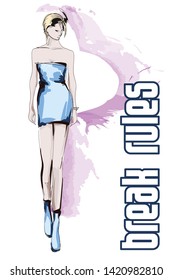 Beautiful young women in a blue dress. Hand drawn fashion girl. Fashion model posing. Sketch. Vector illustration.