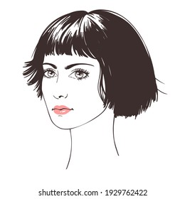 Beautiful young women with bob cut hair, sketch, fashion hand drawn vector illustration.