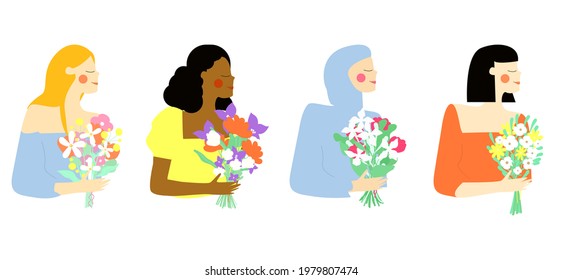 Beautiful young women with bouquets of flowers in their hands Vector girls with different hair colors, different nationalities isolated on a white background.