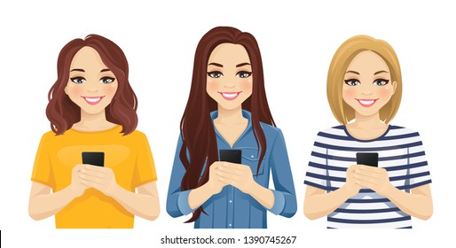 Beautiful young women in casual clothes with gadgets. Students use mobile phones vector illustration isolated