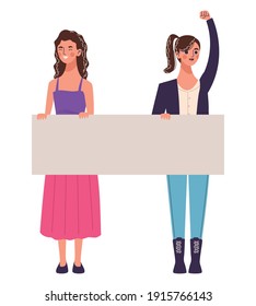 beautiful young women couple with banner characters vector illustration design