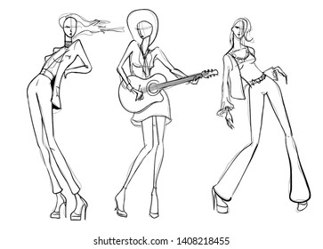 Beautiful young women dance and play music. Hand drawn party fashion girl. Model posing. Sketch. Vector illustration
