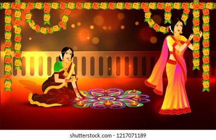 Beautiful, young women decorated her home with floral garlands and illuminated oil lamps for Diwali festival celebration.