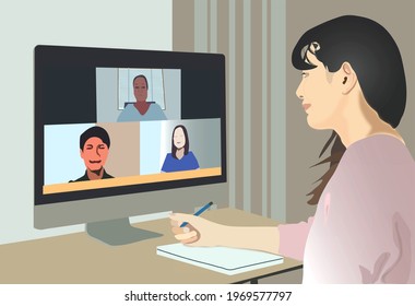 Beautiful young women doing webinars and online video calls. Visual encounters and remote connections using a computer monitor during a pandemic.