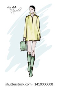 Beautiful young women in dress. Hand drawn fashion girl. Fashion model posing. Sketch. Vector illustration.