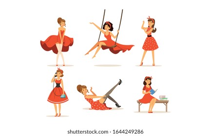 Hermosas Jóvenes Vestidas Retro Estilo Rojo Colección Vector Ilustración