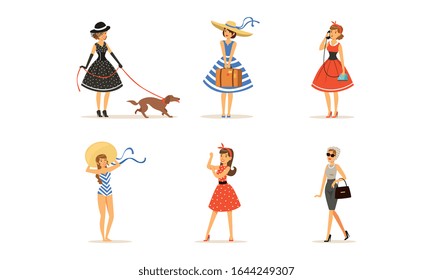 Beautiful Young Women Dressed Retro Style Fashion Clothes Collection Vector Illustration