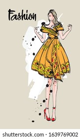 Beautiful young women in ethnic style.. Hand drawn stylish woman portrait. Fashion lady. Festive outfit. Sketch. Fashion model posing in dress. Hand drawn fashion woman.