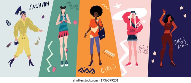 Beautiful young women in fashion clothes. Detailed female characters with accessories. Flat style vector illustration.