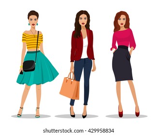 Beautiful Young Women In Fashion Clothes. Detailed Female Characters With Accessories. Flat Style Vector Illustration.