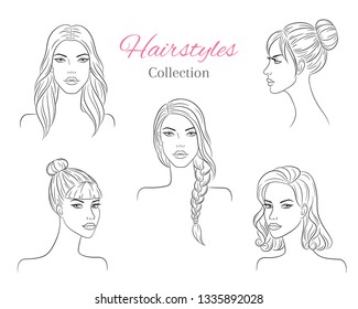 Beautiful young women with fashion trendy hairstyles.  Fashion models with  beautiful hair, vector sketch illustration.