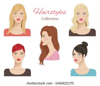 Beautiful young women with fashion trendy hairstyles.  Fashion models with  beautiful hair, vector  illustration.