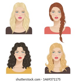 Beautiful young women with fashion trendy hairstyles.  Fashion models with  beautiful hair, vector illustration.